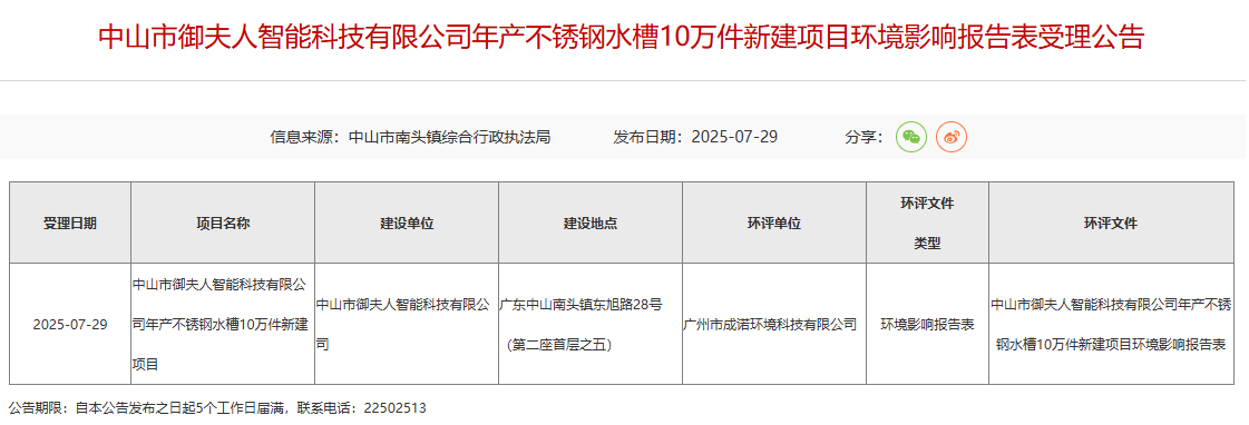 中山御夫人智能科技公司年產(chǎn)10萬件不銹鋼水槽新建項目環(huán)評獲受理